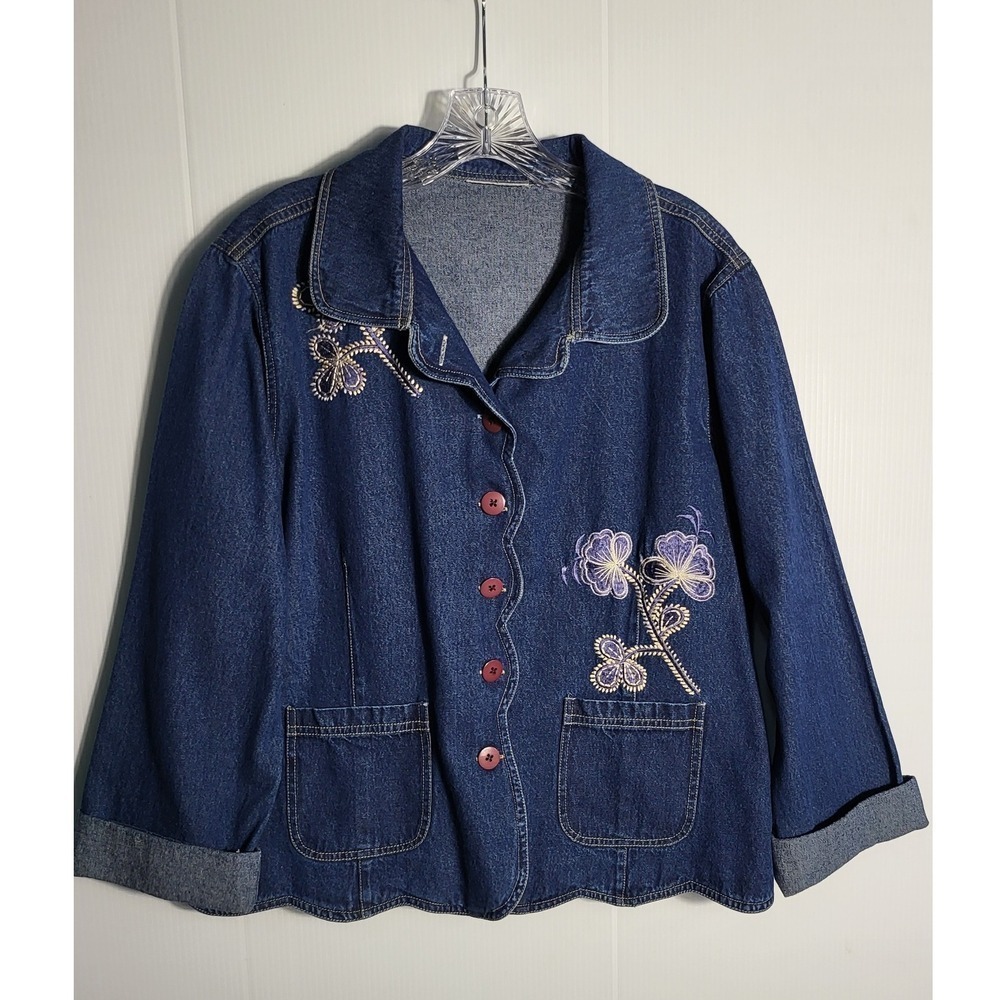 Womens Embroidered Denim Jean Shirt Cuffed Hem Midi Length Casual Everyday - Picture 3 of 12